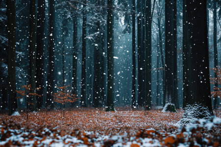 A cinematic photograph of snow falling in an endless forest with tall trees, the ground covered by fallen leaves and small plants. The trees have some fresh green foliage on them but also some old brown branches. It's a dark, snowy day. --ar 3:2 --v 6.1 Job ID: 51d6e20a-c979-45f0-83ca-3abd411eaa43の素材