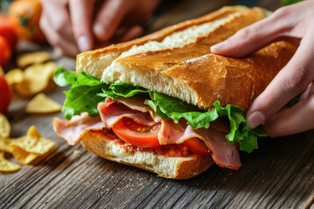 A baguette sandwich with lettuce, tomato, and ham on the table, close-up. A restaurant in France, high-resolution photography, focus stacking, detailed texture of the bun, natural light, wooden background, fresh atmosphere, two people eating it. The ingredients include sliced tomatoes, green salad leaves, pastrami meat slices, double-layered bun, potato chips or salt and pepper elements, full view. High quality, high detail. --ar 3:2 --v 6.1 Job ID: 36213771-8285-414e-a685-238d3fe124f1の素材
