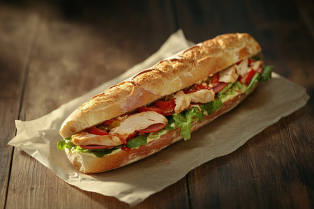 A baguette sandwich with chicken, ham, and salad on parchment paper. The background is dark wood. In the style of food photography. High-resolution, high-quality, professional photograph, natural lighting, stock photo, product mock-up, product ad, hyper-realistic, hyper-detailed. --ar 3:2 --v 6.1 Job ID: 66167a76-17c5-4db9-b542-49d460983ba5の素材