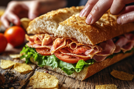 A baguette sandwich with lettuce, tomato, and ham on the table, close-up. A restaurant in France, high-resolution photography, focus stacking, detailed texture of the bun, natural light, wooden background, fresh atmosphere, two people eating it. The ingredients include sliced tomatoes, green salad leaves, pastrami meat slices, double-layered bun, potato chips or salt and pepper elements, full view. High quality, high detail. --ar 3:2 --v 6.1 Job ID: 36213771-8285-414e-a685-238d3fe124f1の素材