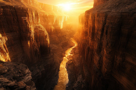 A beautiful canyon with a river running through it, the sun is setting and casting warm light on the rocks. The walls of the canyon have deep crevices that create an almost endless sense of depth. In one wall, there's a small opening through which you see golden sunlight shining down onto the rocky terrain. --ar 3:2 --v 6.1 Job ID: f9f90228-6601-4cf2-9da6-779416685e78の素材