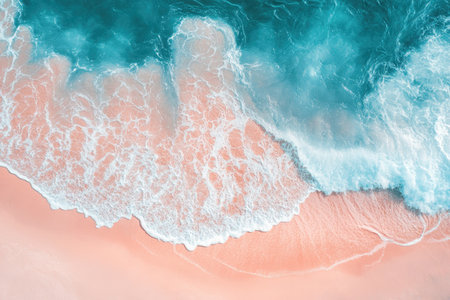 A beautiful beach with soft waves, a top-down view, close-up, light pink and turquoise hues, natural lighting, tropical vibes, high-definition photography, high-resolution details, colorful sand, a natural background, and a bird's-eye view. The water is a blue-green color. Beautiful waves of the sea on an exotic island, with golden sandy beaches. Water splashes against the shore, creating ripples that form a picturesque scene. --ar 3:2 --v 6.1 Job ID: d7a847d6-7628-4cd3-a70a-2af885e09651の素材