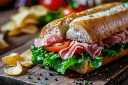 A baguette sandwich with lettuce, tomato, and ham on the table, close-up. A restaurant in France, high-resolution photography, focus stacking, detailed texture of the bun, natural light, wooden background, fresh atmosphere, two people eating it. The ingredients include sliced tomatoes, green salad leaves, pastrami meat slices, double-layered bun, potato chips or salt and pepper elements, full view. High quality, high detail. --ar 3:2 --v 6.1 Job ID: 36213771-8285-414e-a685-238d3fe124f1の素材