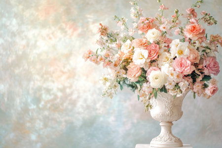 A beautiful arrangement of flowers in an elegant vase, with soft pastel colors and delicate petals, set against a textured background to create a dreamy atmosphere for the perfect wedding card photo backdrop. --ar 3:2 --v 6.1 Job ID: d90d678a-78db-48fa-ac2b-5ac59fabd0c4の素材