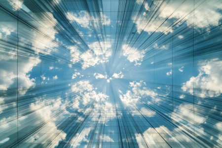 A background of blue sky and white clouds, with light rays shining through the center, creating an abstract speed effect. The floor is covered in glass that reflects the surrounding environment. In front of it stands a tall building, and on both sides there are glass walls. The entire scene gives people feelings of motion and freedom, in the style of Claude Monet. --ar 3:2 --v 6.1 Job ID: fc53ddfc-b952-4b34-996c-25b42a44effcの素材