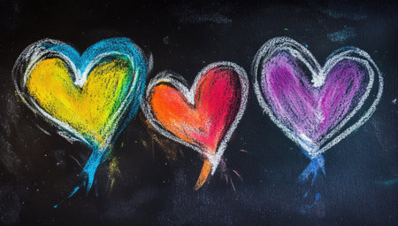 A black background with three colorful hearts drawn in chalk, each representing different emotions like joy and love. The colors of the heart shapes should be bright and vibrant to stand out against the dark backdrop. --ar 53:30 --v 6.1 Job ID: 5c474f9d-2701-41d9-a0d6-055581656978の素材