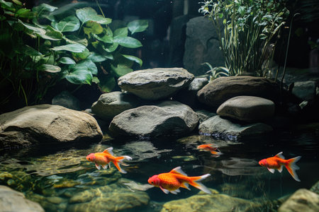 A beautiful aquarium with colorful fish, rocks, and plants. The water is clear, creating an atmosphere of tranquility in the home interior. Goldfish swimming around. --ar 3:2 --v 6.1 Job ID: 74f66a3d-795b-4265-9c93-93a752f1eb8bの素材