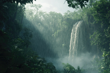 A cinematic waterfall in the jungle, rain falling from above, a misty atmosphere, photorealistic in the style of Octane Render, created using Unreal Engine. --ar 3:2 --v 6.1 Job ID: eb47035c-8457-4ed5-95b1-77638894dec7の素材