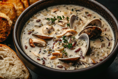 A bowl of creamy chowder with clams, chicken, and wild rice on a dark background. On the side is some bread for snacking. The soup has a white color from cream or milk and contains herbs to spice it up a bit. A photo taken in the style of an award-winning food photographer using a Sony Alpha camera with natural light. --ar 3:2 --v 6.1 Job ID: fc69107d-dd25-4f6b-be30-f6a4f71d1c0dの素材