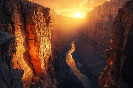A beautiful canyon with a river running through it, the sun is setting and casting warm light on the rocks. The walls of the canyon have deep crevices that create an almost endless sense of depth. In one wall, there's a small opening through which you see golden sunlight shining down onto the rocky terrain. --ar 3:2 --v 6.1 Job ID: f9f90228-6601-4cf2-9da6-779416685e78の素材
