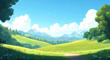A beautiful green landscape with a blue sky and white clouds, a cartoon vector illustration in a flat design. The scene features grassy hills, distant mountains, trees, meadows, and a path leading to the horizon. It's a clear, sunny day, creating a tranquil scene in a vector art style with bright colors and high resolution, detailed elements. --ar 78:43 --v 6.1 Job ID: 76b96cc8-3d34-41b9-9185-cfb4a1c8b601の素材