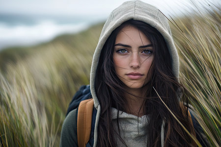 A beautiful woman with long hair stands in tall grass on the coast of New Zealand, wearing an oversized hoodie and backpack, close-up shot, natural lighting, high-resolution photography, detailed skin texture, portrait, in the style of Hasselblad X2D. --ar 3:2 --v 6.1 Job ID: db7cc218-965e-4c8b-8022-0a073f53c3a6の素材