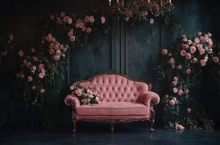 A beautiful, luxurious backdrop with a pink sofa and flowers, moody lighting, an elegant and glamorous vintage style, detailed and realistic photography, soft lighting, a dark background, professional color grading, high resolution, photorealistic quality, professional lighting, and a cinematic feel. --ar 92:61 --v 6.1 Job ID: 507237c2-6e43-4007-bc2a-9cda369eb308の素材