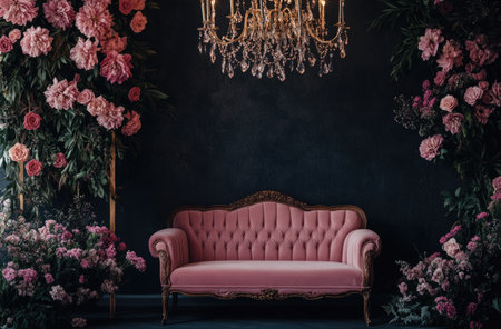 A beautiful, luxurious backdrop with a pink sofa and flowers, moody lighting, an elegant and glamorous vintage style, detailed and realistic photography, soft lighting, a dark background, professional color grading, high resolution, photorealistic quality, professional lighting, and a cinematic feel. --ar 92:61 --v 6.1 Job ID: 507237c2-6e43-4007-bc2a-9cda369eb308の素材