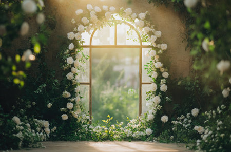 A beautiful wedding arch adorned with white roses and greenery, bathed in sunlight from an open window. The scene is set outdoors on the edge of a lush garden. --ar 62:41 --v 6.1 Job ID: 2a0d6e3a-b67c-48a5-aae0-8cbd593744bbの素材