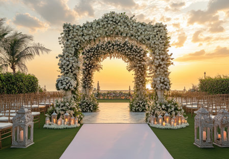 A beautiful wedding ceremony decor with an Indian archway, white flowers and greenery, candles on the sides of the gate, and green grass under it. The sun sets in front of the stage at sunset. A luxurious outdoor garden for a traditional, classical Indian grand wedding. --ar 78:53 --v 6.1 Job ID: c0b14f3b-7dba-4f55-927a-fed4cf53c40bの素材