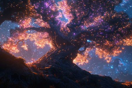 A beautiful tree with glowing stars and galaxies in the background, fantasy art style, concept art, ancient trees, universe background, fantasy landscape, fantasy illustration, cinematic lighting, cinematic, epic composition, ultra detailed, hdri, backlit, hyper realistic, high resolution, sharp focus, volumetric lighting, professional photography, by Greg Rutkowski --ar 3:2 --v 6.1 Job ID: 1adb3c00-5769-40aa-9cc4-04ffadca46a5の素材