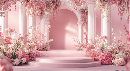 A beautiful pink background with columns and arches decorated with flowers, creating an elegant atmosphere for product photography. The scene is illuminated by soft lighting that highlights the textures of the floral arrangements and the architectural elements. A podium in front of it offers space to display products. --ar 78:43 --v 6.1 Job ID: acb034f6-2d4c-436a-bce3-747a8a2795b6の素材