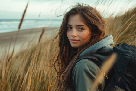 A beautiful woman with long hair, wearing an oversized hoodie and backpack, is standing in tall grass near the beach. She has brown eyes and a light skin tone. The wind blows her flowing hair as she gazes into the distance, adding to her sense of adventure. The image is captured in a cinematic style, with natural lighting, shot on a Canon EOS C300 Mark III. --ar 3:2 --v 6.1 Job ID: a2b9d296-0cd5-4a1e-96e1-4a1b1bebce32の素材