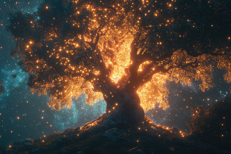 A beautiful tree with glowing stars and galaxies in the background, fantasy art style, concept art, ancient trees, universe background, fantasy landscape, fantasy illustration, cinematic lighting, cinematic, epic composition, ultra detailed, hdri, backlit, hyper realistic, high resolution, sharp focus, volumetric lighting, professional photography, by Greg Rutkowski --ar 3:2 --v 6.1 Job ID: 1adb3c00-5769-40aa-9cc4-04ffadca46a5の素材