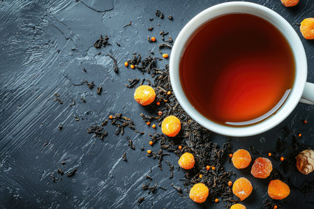 High-angle, close-up view of a cup of black tea situated on a dark textured surface.  Dried orange fruit pieces and black tea leaves are scattered around the cup. Small specks of spice are also visible.の素材