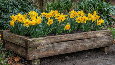 Rustic wooden planter box filled with vibrant yellow daffodils.  The flowers are in full bloom, and the planter is made of weathered wood, creating a charming outdoor display.  Green foliage surrounds the daffodils.の素材
