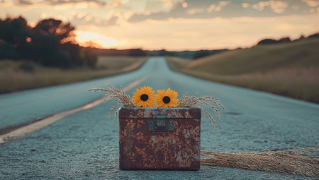 Rusty metal box, filled with yellow flowers, sits on a paved road, stretching into a golden sunset landscape.  Tall grass and wildflowers surround the box.の素材