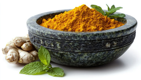 Close-up image of a stone bowl filled with turmeric powder, alongside a bunch of ginger roots and fresh mint leaves.  The bowl is positioned against a plain white background.の素材