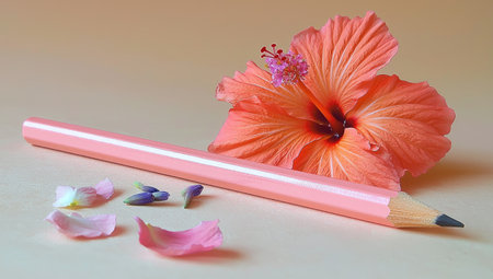 Close-up view of a single, vibrant orange hibiscus flower laying next to a pink pencil on a soft peach colored surface. Small, light pink petals and a few small, light purple flower buds are scattered around the composition. The image is a study in soft colors, natural beauty, and simplicity.の素材