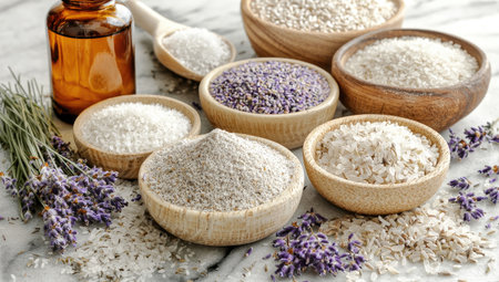 Close-up view of various grains, including rice, salt, and flour, presented in shallow wooden bowls, alongside fresh sprigs of lavender. A bottle of oil is also present, enhancing the image's holistic appeal and natural theme.の素材