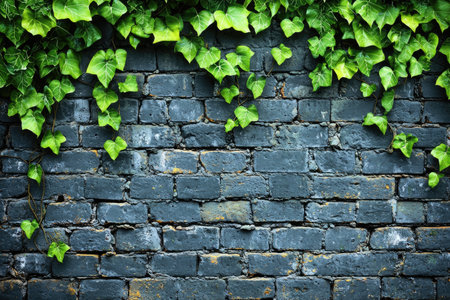 Full outdoor shot of a dark gray brick wall covered with a vibrant green ivy plant. The bricks are arranged in a regular pattern, and the ivy is climbing up the wall, filling the space with its fresh green leaves.  The image highlights the contrast between the dark gray bricks and the lush green ivy, creating a visually appealing backdrop.の素材