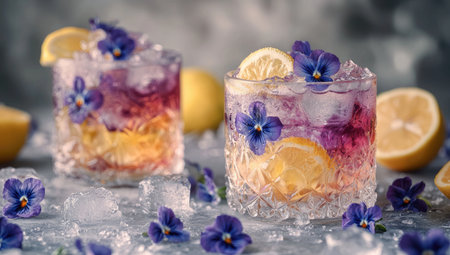 Two colorful layered drinks, garnished with edible flowers and lemon slices, sit on a surface covered with ice cubes. The layered drinks show a gradient of colors from yellow to a deep purple.の素材