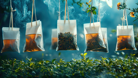Collection of transparent tea bags, filled with tea leaves and hot liquid, suspended in mid-air above a backdrop of lush green foliage. The bags hang from thin strings, with visible steam rising from the tea within. The overall image evokes a sense of tranquility and the beauty of nature.の素材