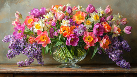 Beautiful floral arrangement featuring a large bouquet of tulips, daffodils, and lilacs in a crystal vase. The flowers are a mix of vibrant spring colors, showcasing a detailed and artistic composition.の素材
