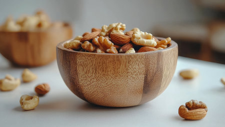 Wooden bowl, crafted from natural material, is filled with a variety of nuts. The nuts include almonds, walnuts, and cashews, creating a colorful and attractive display. The image focuses on the bowl and its contents, with a soft, diffused light enhancing the details of the nuts and the wood grain.の素材