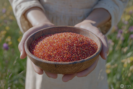 Wooden bowl filled with small, reddish-orange grains is held in the hands of a person. The bowl and grains are in focus, and the background is a field of out-of-focus plants.の素材