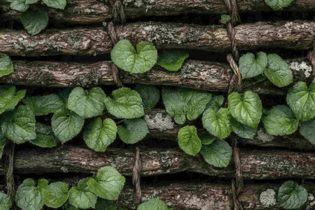 Close-up view of lush green leaves that are climbing a wall made of stacked dark brown wooden logs. The leaves are densely packed and show detailed heart-shaped textures. The wood is weathered and shows signs of moss and lichen. The image has a strong focus on the natural organic forms and textures.の素材