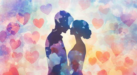 A couple in silhouette, surrounded by watercolor hearts and soft pastel colors. The background is an abstract pattern of light blue, purple, red, pink, yellow, and orange. They stand close together with their foreheads touching, creating the illusion that they have matching skin tones. This artistic rendering captures love and romance in a dreamy atmosphere, evoking a feeling of tenderness between them. --ar 95:52 --v 6.1 Job ID: 33d618cb-f288-4e95-a585-98efa1a6537fの素材