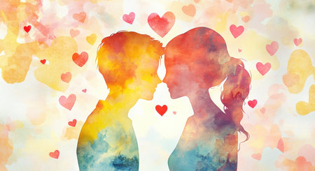 A watercolor illustration of two people in profile, with their heads touching and hearts floating around them on an abstract background. The colors should be soft pastels like pinks, yellows, oranges, reds, or purples to create a romantic atmosphere. They could have subtle shadows for depth. It's designed as a Valentine's Day card template. --ar 94:51 --v 6.1 Job ID: 736d6982-267e-47b5-89ba-1e515c0353a2の素材
