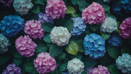 High-angle close-up view of a cluster of hydrangea flowers in a variety of shades, including pink, blue, purple, and white. The flowers are densely packed together, and the image is well-lit.  Dark green foliage is also present.の素材