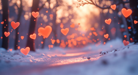 Many hearts floating in the air, an orange glow on the snow and trees, a blurred background, a dreamy, Pixar-style scene. --ar 47:26 --v 6.1 Job ID: fb5c0c04-43d6-42be-bd4c-6f17d6982ab1の素材
