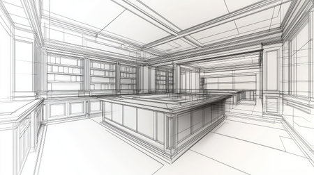 Create an interior outline sketch showcasing a grand, library-like office with towering bookshelves, a large antique desk, and warm, inviting lighting, emphasizing architectural details. --chaos 30 --ar 16:9 --v 6.1 Job ID: 0aa771a9-2d8f-48fd-92b9-d7a8bdad9544の素材