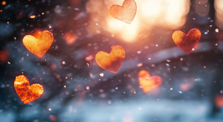 Glowing orange hearts floating in the air, creating an enchanting Valentine's Day backdrop with a soft focus on snowy landscapes. --ar 47:26 --v 6.1 Job ID: 1bb432b9-e976-4979-b593-f8ba5ce5298fの素材