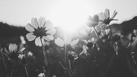 Show a close-up of delicate wildflowers reaching toward the sun, creating a vibrant black and white natural landscape highlighting their intricate details and textures --chaos 30 --ar 16:9 --v 6.1 Job ID: d8f00ed5-095c-43a4-a9d9-5f79427724eeの素材