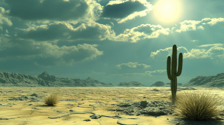 Visualize a sun-drenched desert with an iconic, iconic, and aged saguaro cactus standing alone in the open --chaos 30 --ar 16:9 --v 6.1 Job ID: 649ee55d-b97a-4ab6-824c-faabd645df8dの素材