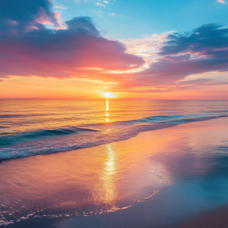 Beautiful beach sunset, calm sea and sky, colorful orange, pink, and blue hues, sandy shore, golden light reflecting on the water surface, a natural scenery, warm atmosphere, peaceful tranquility of nature, tranquil beauty. --v 6.1 Job ID: 39fc220d-9dc6-4931-b82c-7801b5b8cb0cの素材