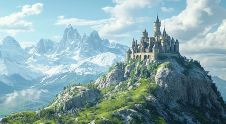 Beautiful fantasy castle on top of a mountain, surrounded by green meadows and snowy mountains in the background. A detailed illustration, high-resolution, professional photograph. The ultra-high-resolution rendering style is realistic and vivid, with natural lighting, a full-body shot, wide-angle lens, natural environment, natural colors, and natural light, showcasing European medieval architecture, a castle, tower, and spire. --ar 78:43 --v 6.1 Job ID: 585a2ab3-71e5-43ba-b189-8554f2844d2cの素材