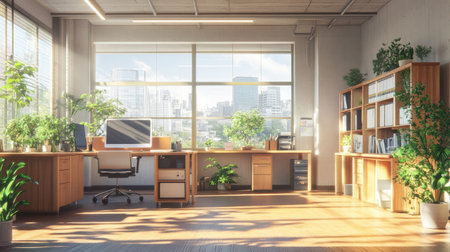 Depict a cozy, sunlit office with wooden furniture and large windows revealing a cityscape outline, drawn with precise perspective in 4k, 16:9 quality --chaos 30 --ar 16:9 --v 6.1 Job ID: c7919c42-b779-48db-8863-247f79974ea0の素材