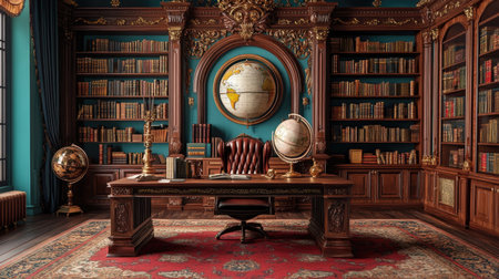 Produce a vintage-inspired study interior with leather-bound books, a globe, and a grand desk, ensuring a realistic outline sketch depicting an elegant workspace --chaos 30 --ar 16:9 --v 6.1 Job ID: 2418321b-00bf-45d9-bc36-c440f19f6326の素材