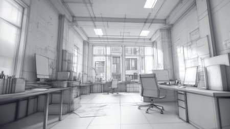 Create a detailed interior outline sketch representing an eco-friendly office with recycled materials and a focus on sustainability, captured in clear, realistic 4k perspective --chaos 30 --ar 16:9 --v 6.1 Job ID: dbec3ac1-555d-4970-ae9f-1c29979ddaf5の素材